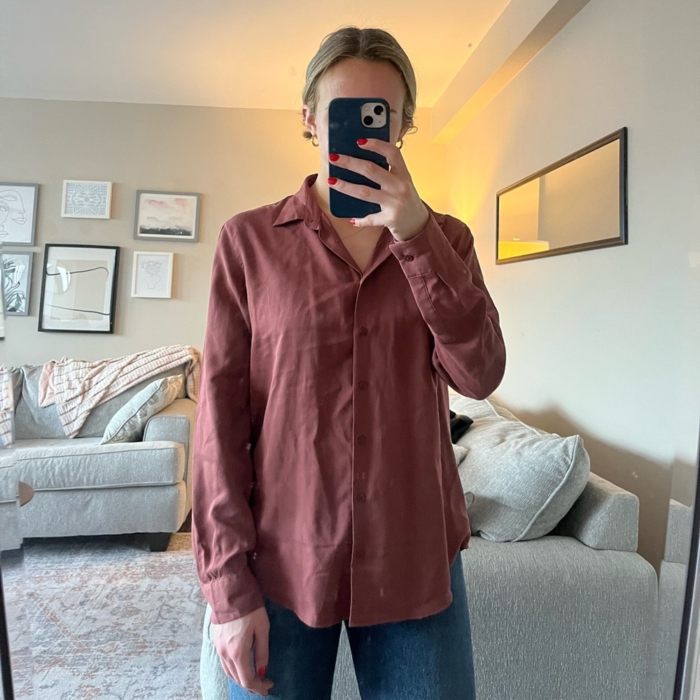 Uniqlo silky button-down; so chic and flattering